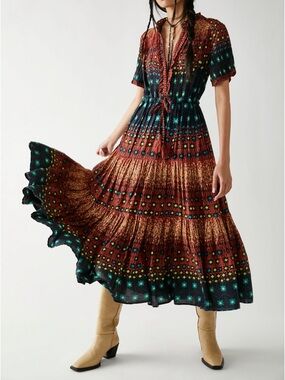 Free People Rare Feelings Rust Maxi Dress with Teal and Green Accents